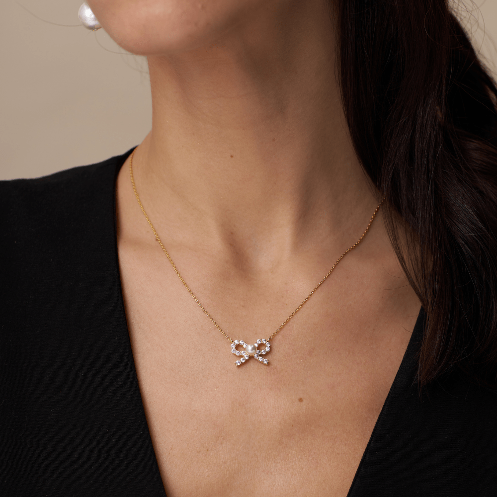 Orelia Pearl & Crystal Bow Charm Necklace