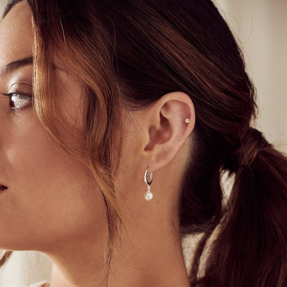 Orelia Pearl Drop Huggie Hoop Earrings - Silver