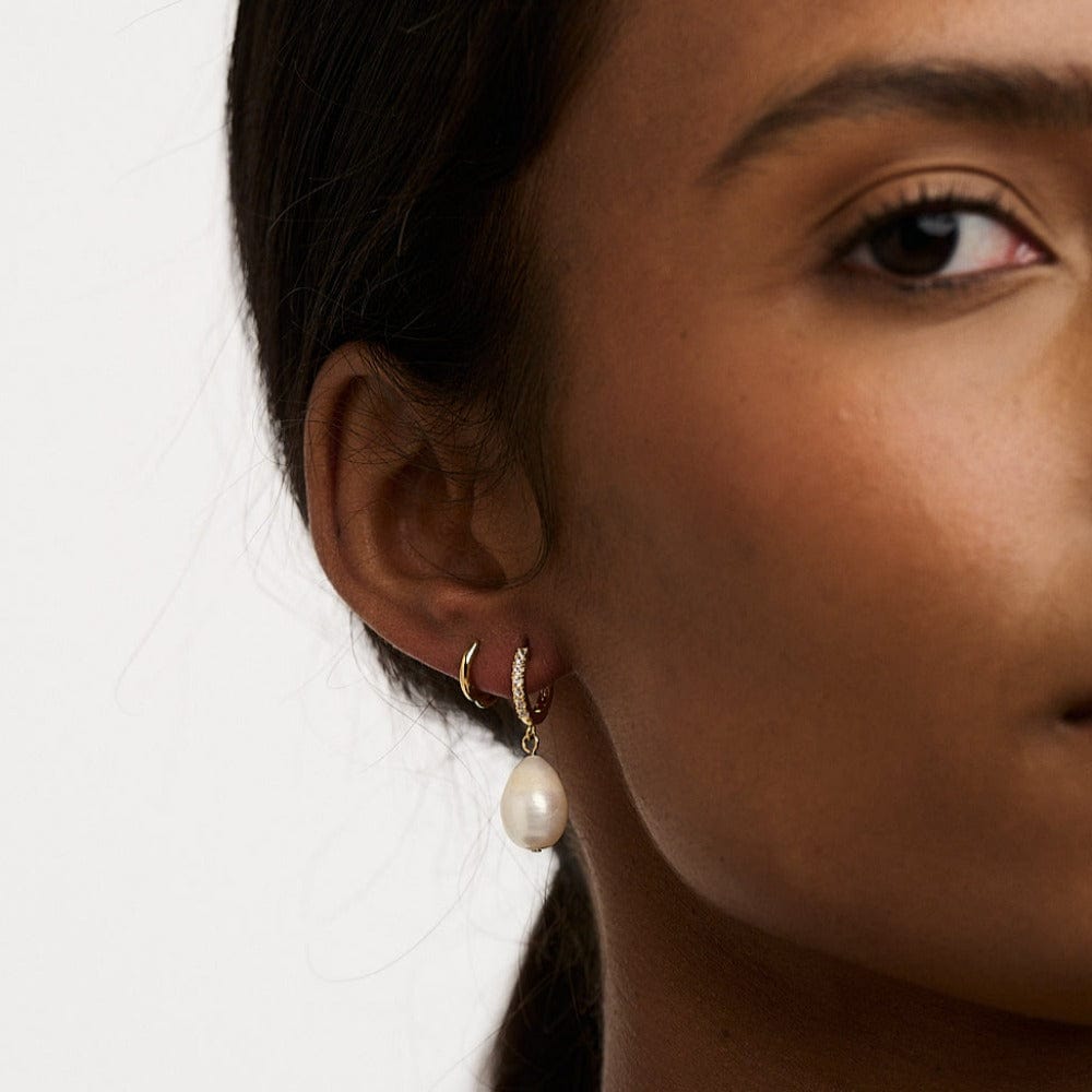Orelia Pearl Drop Pavé Huggie Hoop Earrings - Gold
