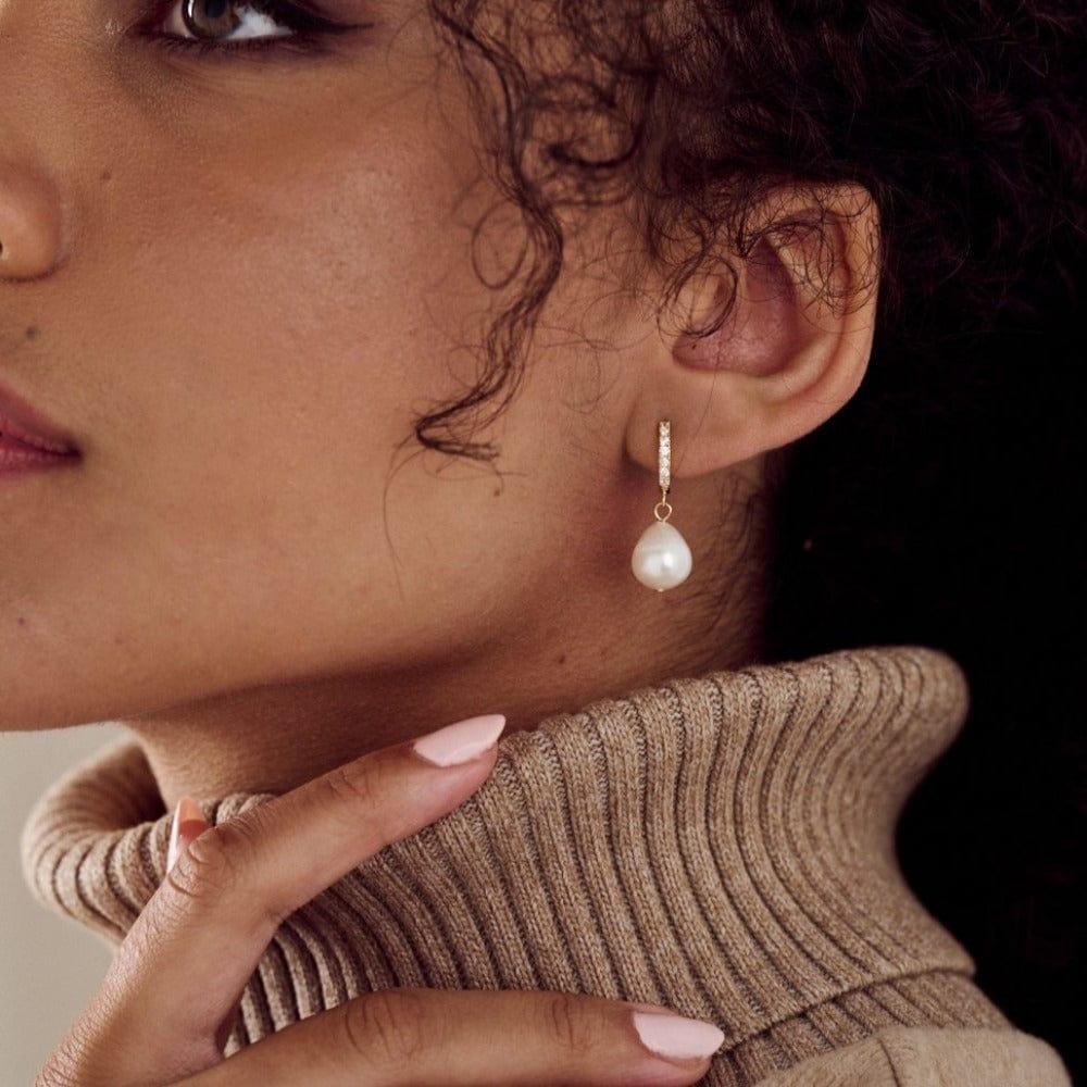 Orelia Pearl Drop Pavé Huggie Hoop Earrings - Gold