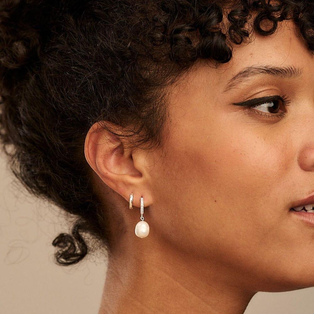 Orelia Pearl Drop Pavé Huggie Hoop Earrings - Silver