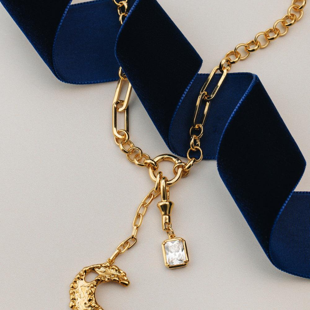 Orelia Statement Molten Moon & Crystal Charm Lariat Necklace