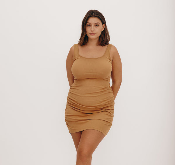Organic Basics Core Bold Rib Ruched Side Dress Ocher