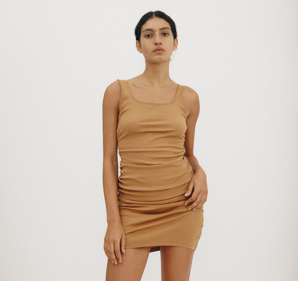 organic basics Core Bold Rib Ruched Side Dress Ocher