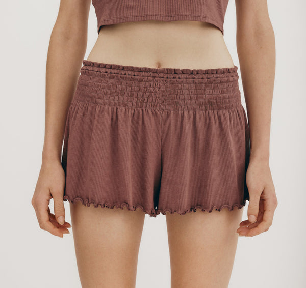organic basics Core Bold Rib Smocked Shorts Rose Wood