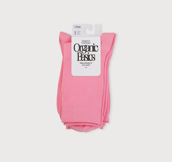 Organic Basics Core Crew Rib Socks 3-Pack Tulip Pink