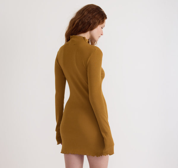 Organic Basics Core Rib Mock Neck Long Sleeve Dress Golden Clay