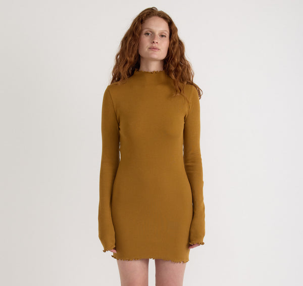 organic basics Core Rib Mock Neck Long Sleeve Dress Golden Clay