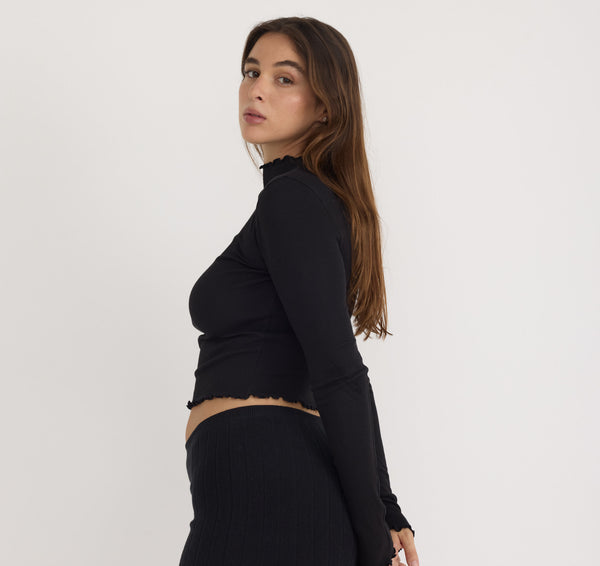 organic Basics Core Rib Mock Neck Long Sleeve Tee Black