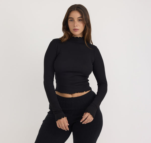 organic basics Core Rib Mock Neck Long Sleeve Tee Black