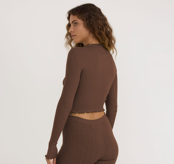 Organic Basics Core Rib Mock Neck Long Sleeve Tee Walnut