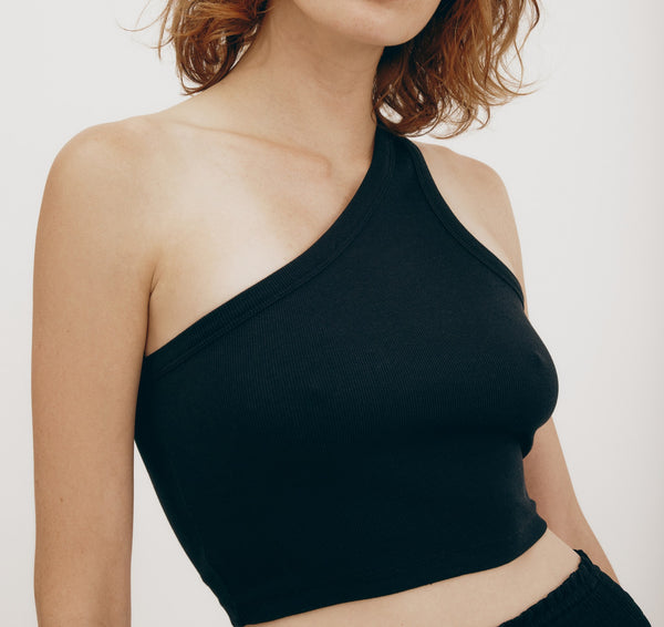 organic basics Core Rib One Shoulder Crop Top Black