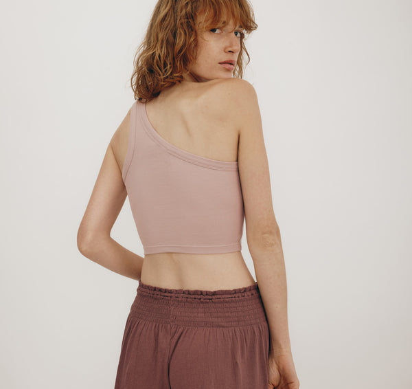 Organic Basics Core Rib One Shoulder Crop Top Muted Misty Rose