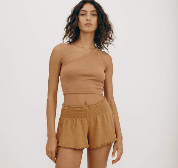organic basics Core Rib One Shoulder Crop Top Muted Ocher