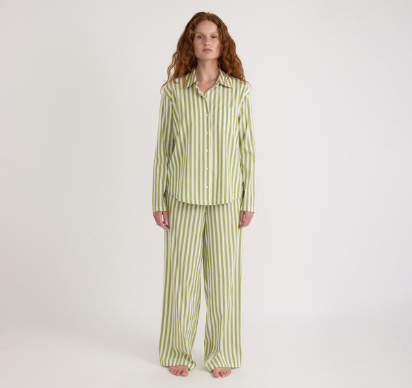 Organic Basics Core Sleep Poplin Pants Matcha Green Stripe