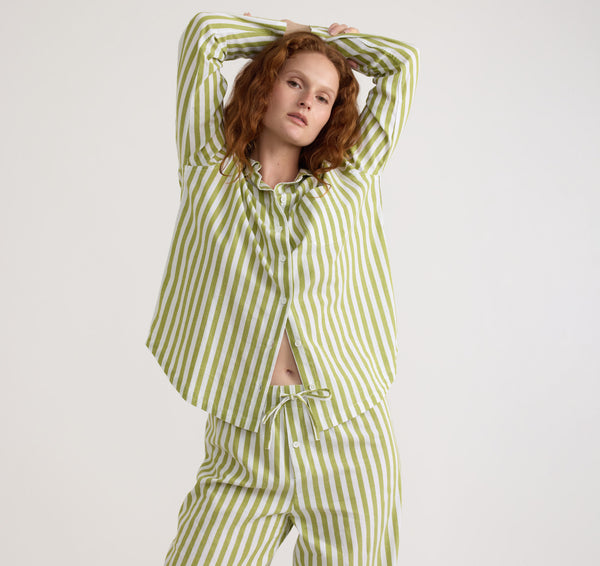 Organic Basics Core Sleep Poplin Shirt Matcha Green Stripe