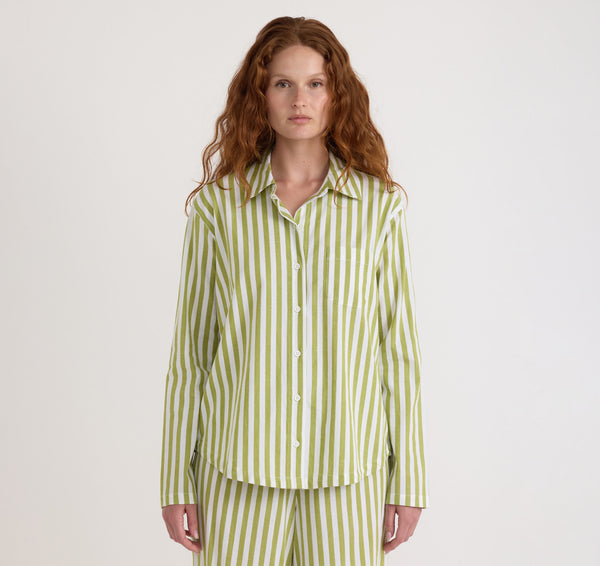 Organic Basics Core Sleep Poplin Shirt Matcha Green Stripe
