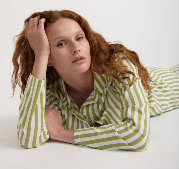 organic basics Core Sleep Poplin Shirt Matcha Green Stripe