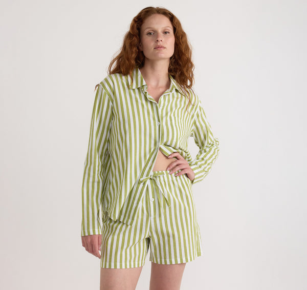 organic basics Core Sleep Poplin Shorts Matcha Green Stripe