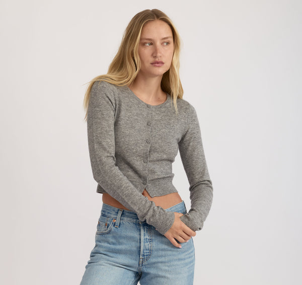organic basics Fine Knit Cropped Cardigan Dark Grey Melange