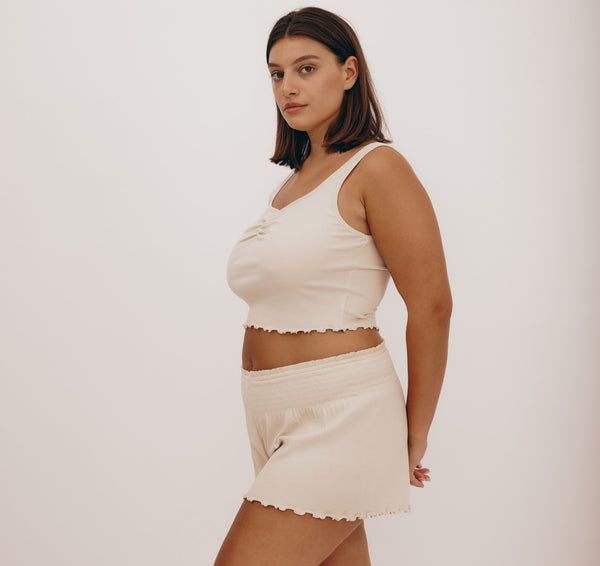 organic basics Core Bold Rib Ruched Tank Top Oat