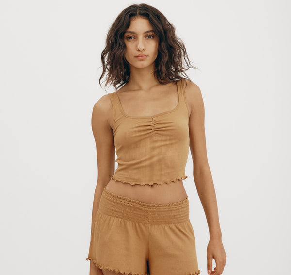 organic basics Core Bold Rib Ruched Tank Top Ocher