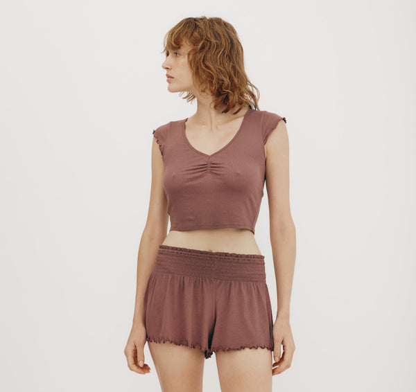 Organic Basics Core Bold Rib Ruched Tee Rose Wood