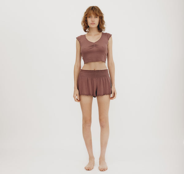 organic basics Core Bold Rib Ruched Tee Rose Wood
