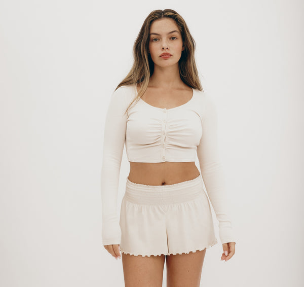 Organic Basics Core Bold Rib Smocked Shorts Oat