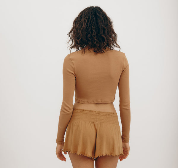 Organic Basics Core Extend Rib Crop Cardigan Ocher