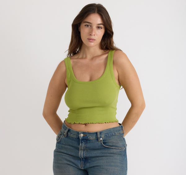 organic basics Core Rib Crop Tank Top Matcha Green