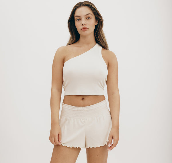 organic basics Core Rib One Shoulder Crop Top Oat