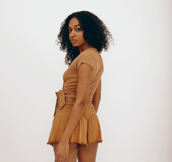 Organic Basics Core Rib Wrap Crop Top Muted Ocher