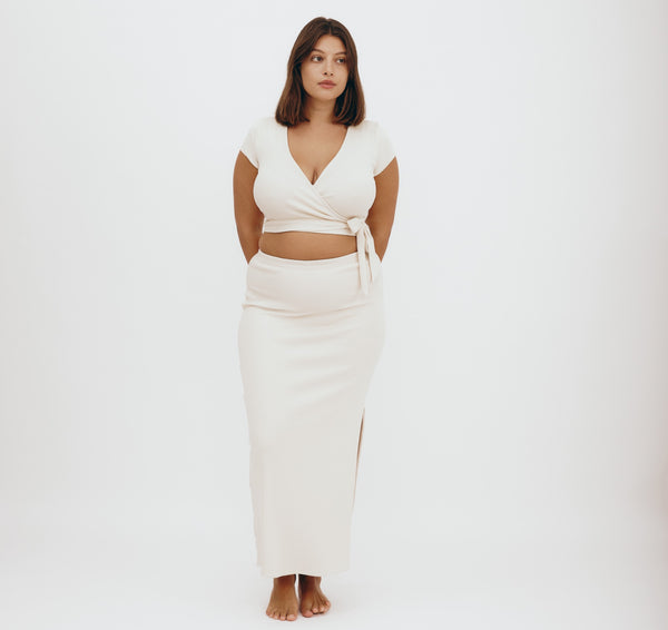 organic basics Core Rib Wrap Crop Top Oat