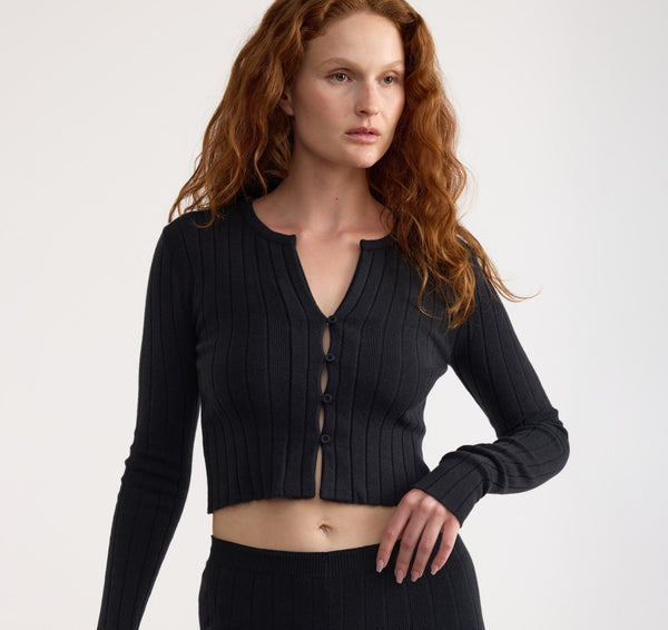 Organic Basics Soft Knit Rib Crop Cardigan Black