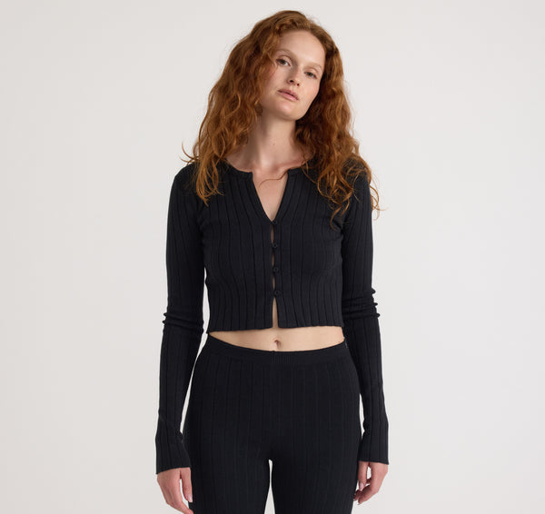 organic basics Soft Knit Rib Crop Cardigan Black