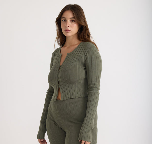 Organic Basics Soft Knit Rib Crop Cardigan Thyme