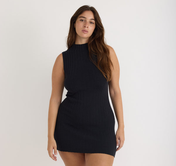 organic basics Soft Knit Rib Mock Neck Dress Black