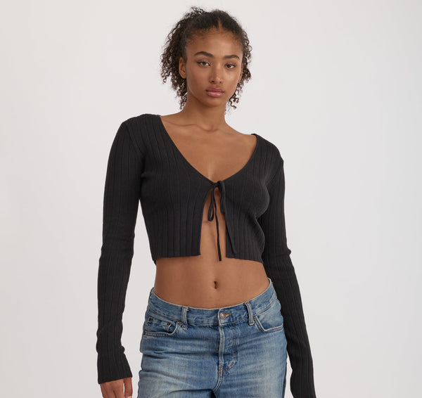 organic basics Soft Knit Rib Tie Cardigan Black