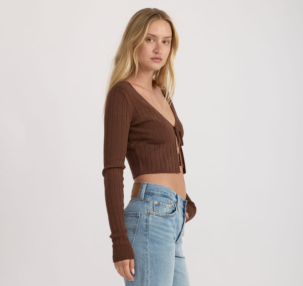 Organic Basics Soft Knit Rib Tie Cardigan Walnut