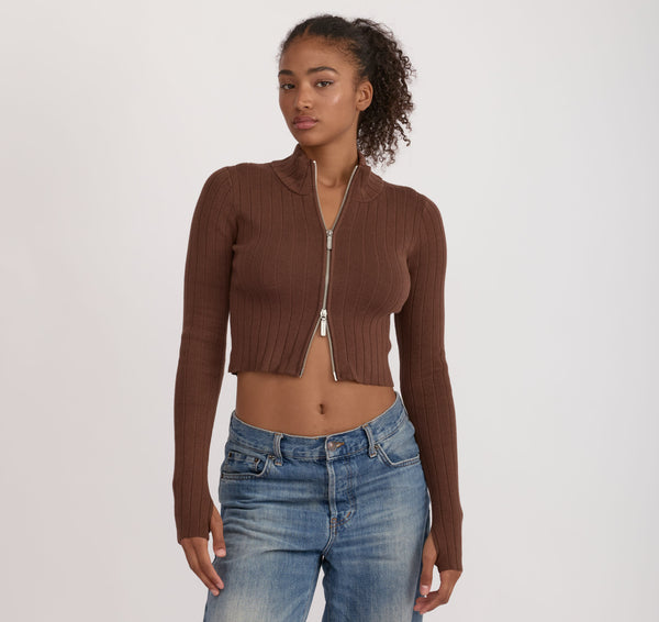 organic basics Soft Knit Rib Track Jacket Walnut