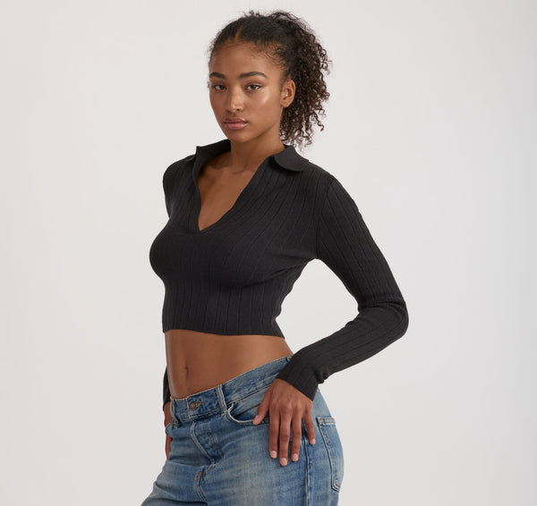 Organic Basics Soft Knit Rib V-Neck Polo Black