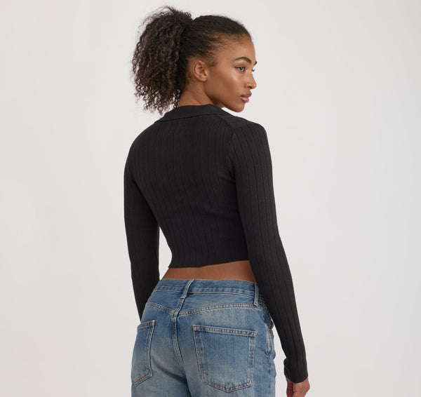 Organic Basics Soft Knit Rib V-Neck Polo Black