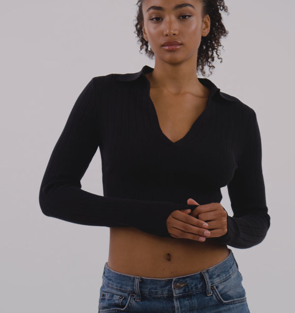 Organic Basics Soft Knit Rib V-Neck Polo Black