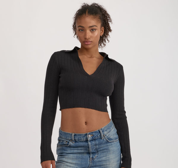 organic basics Soft Knit Rib V-Neck Polo Black