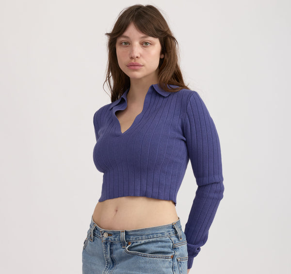 organic basics Soft Knit Rib V-Neck Polo Eclipse