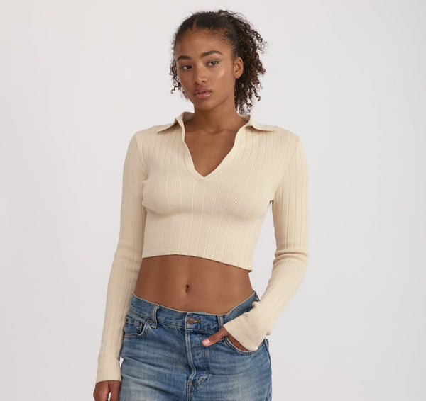 organic basics Soft Knit Rib V-Neck Polo Sandstone