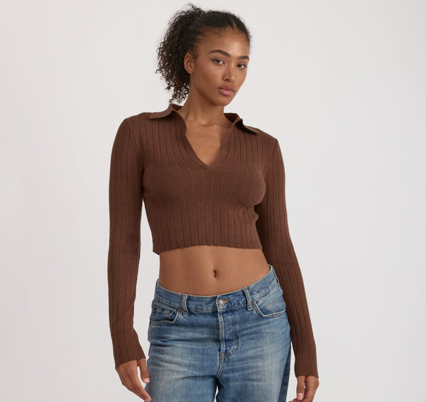 organic basics Soft Knit Rib V-Neck Polo Walnut