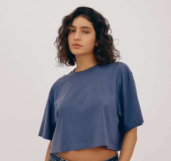 Organic Basics True Boxy Crop Tee Stone Blue