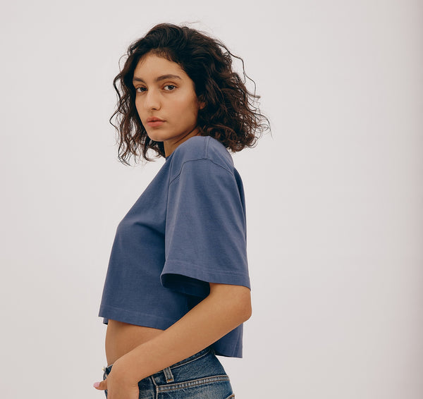 Organic Basics True Boxy Crop Tee Stone Blue